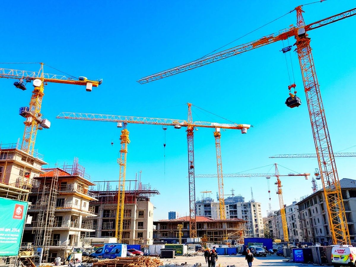 Șantier de construcții din România cu muncitori și macarale.