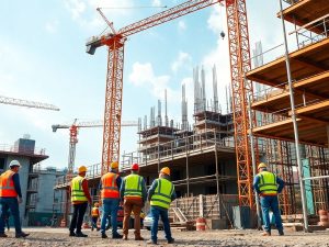 Muncitori la construcții, activitate pe șantier, unelte.