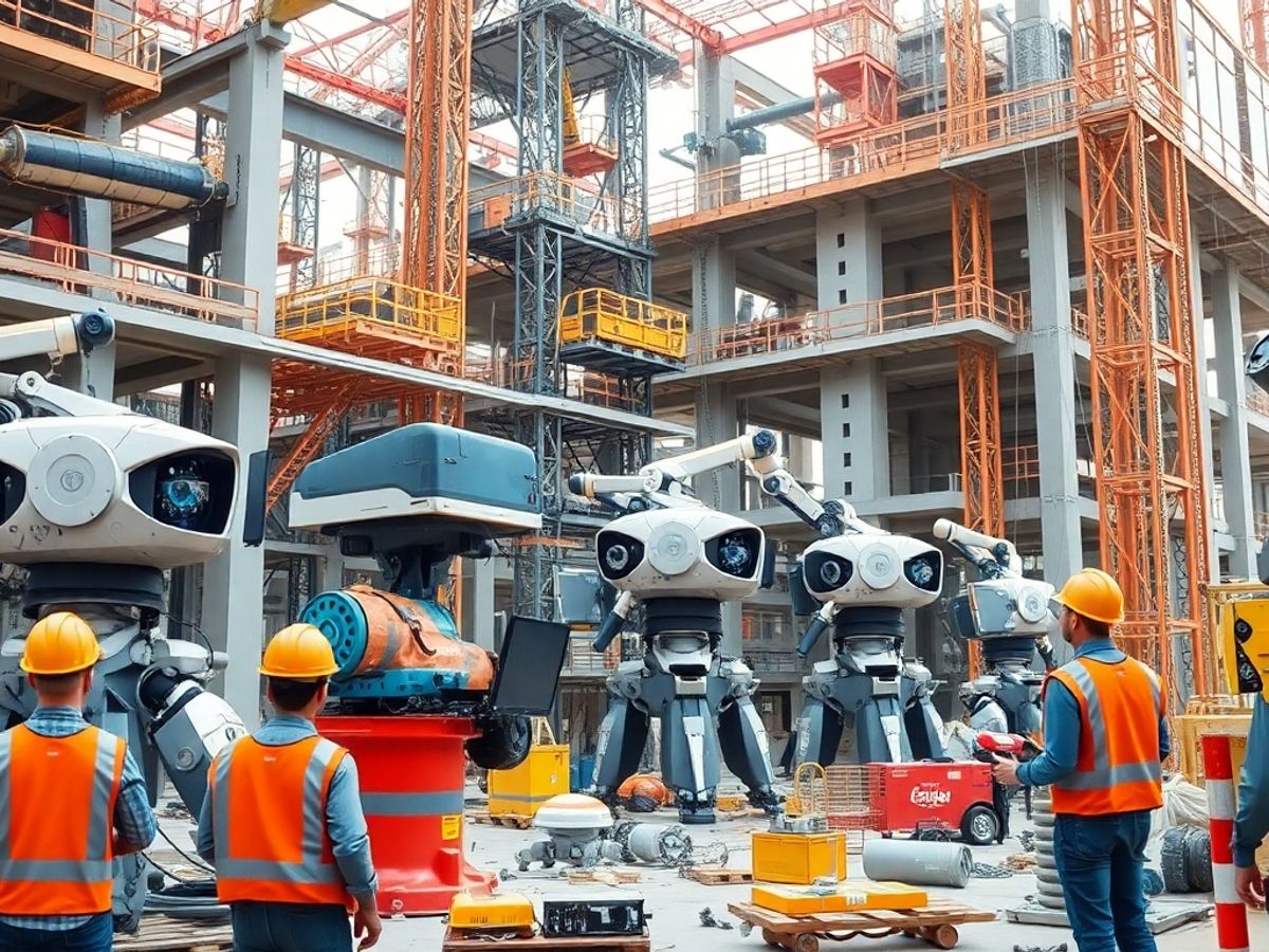 Șantier modern cu tehnologie avansată și muncitori.