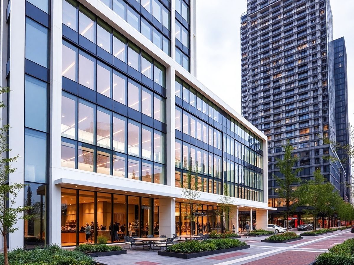 Clădire comercială modernă cu feronerie din sticlă.