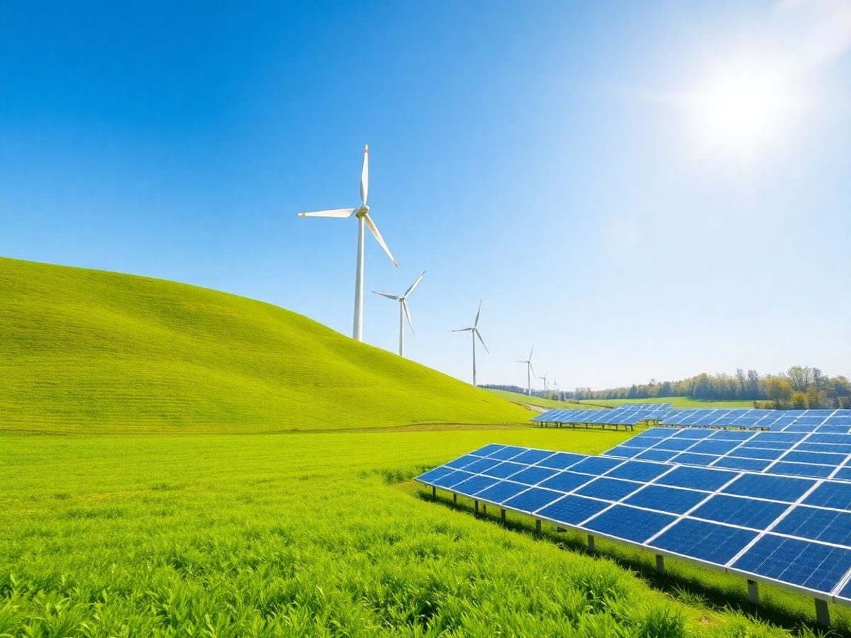 Peisaj cu turbine eoliene și panouri solare în România.