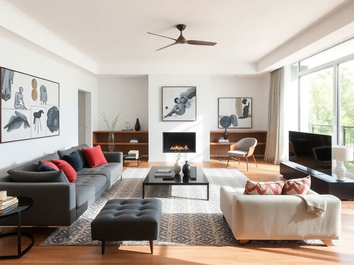 Camera modernă cu mobilier elegant și lumină naturală.