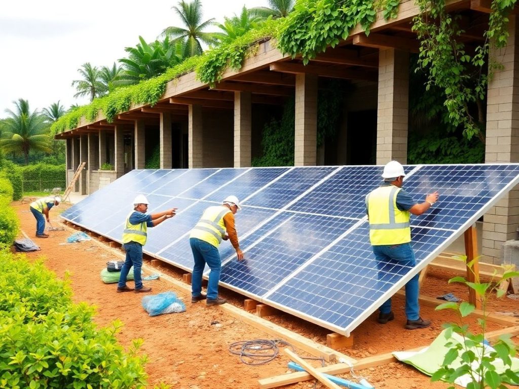 Șantier de construcții cu panouri solare și materiale ecologice.