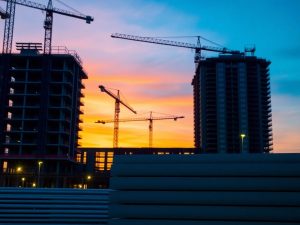 Lucrători pe șantier modern, cu echipamente avansate