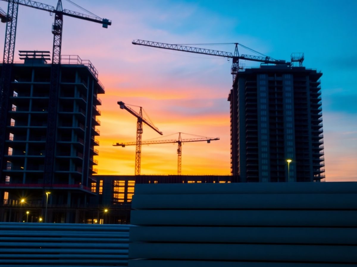 Lucrători pe șantier modern, cu echipamente avansate