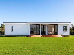 Casă modulară modernă pe un teren verde.