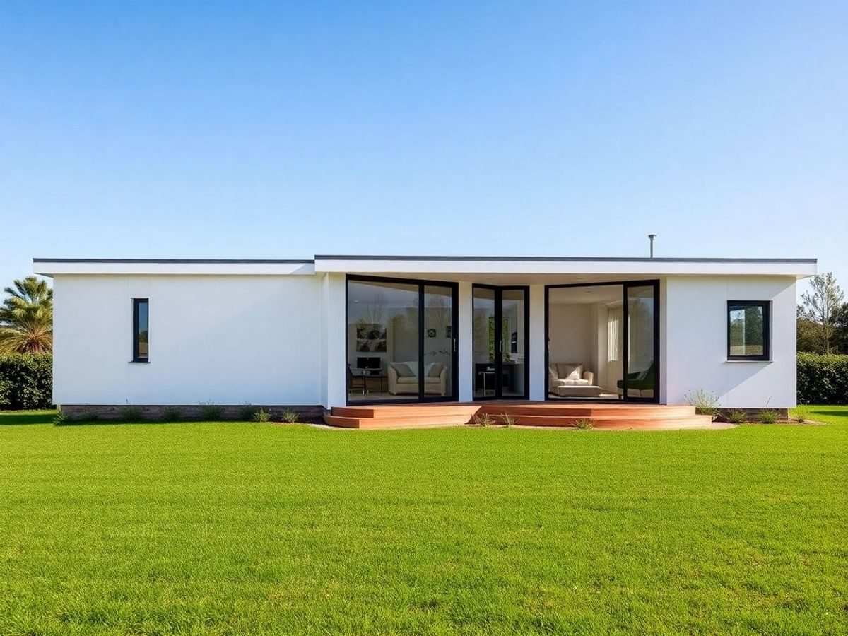 Casă modulară modernă pe un teren verde.