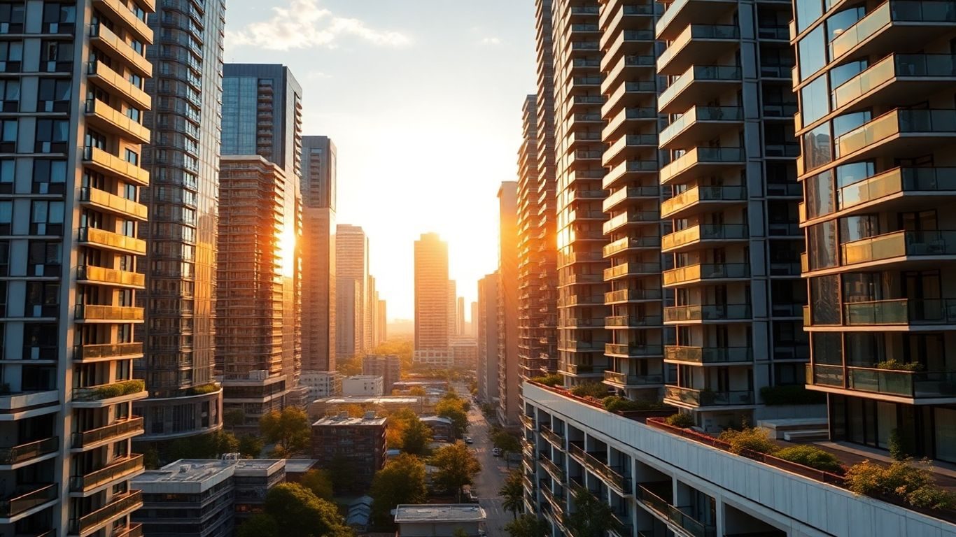 Peisaj urban modern cu zgârie-nori strălucitori.