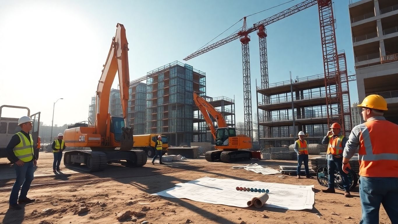 Constructori lucrează pe un șantier modern în 2025.